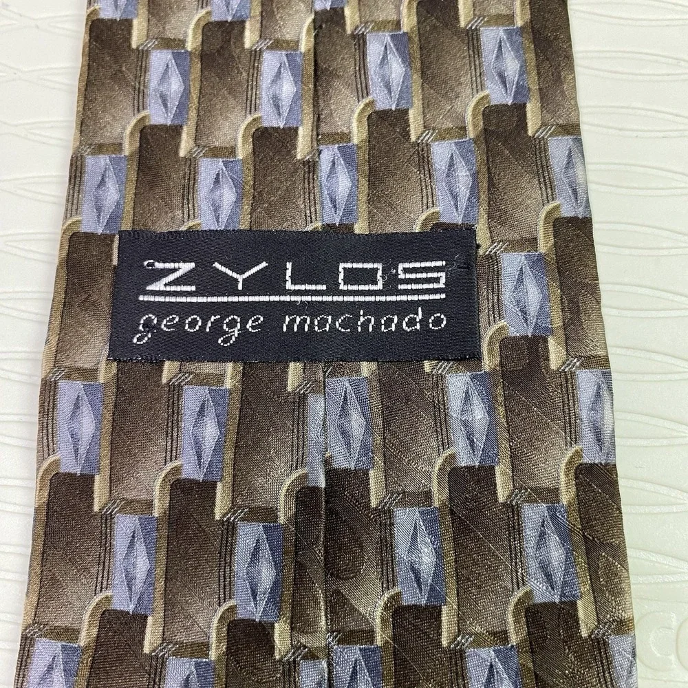 Zylos Brown/Tan&Light Blue George Machado 100% Silk Tie‎ 54
